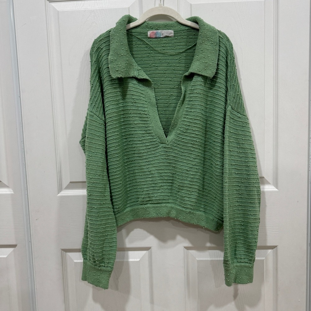 FP Beach Free People Green Textured Knit Pullover Collar Sweater Top